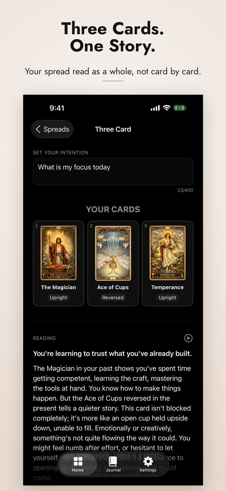 Three card spread showing The Magician, Ace of Cups, and Temperance with a generated reading