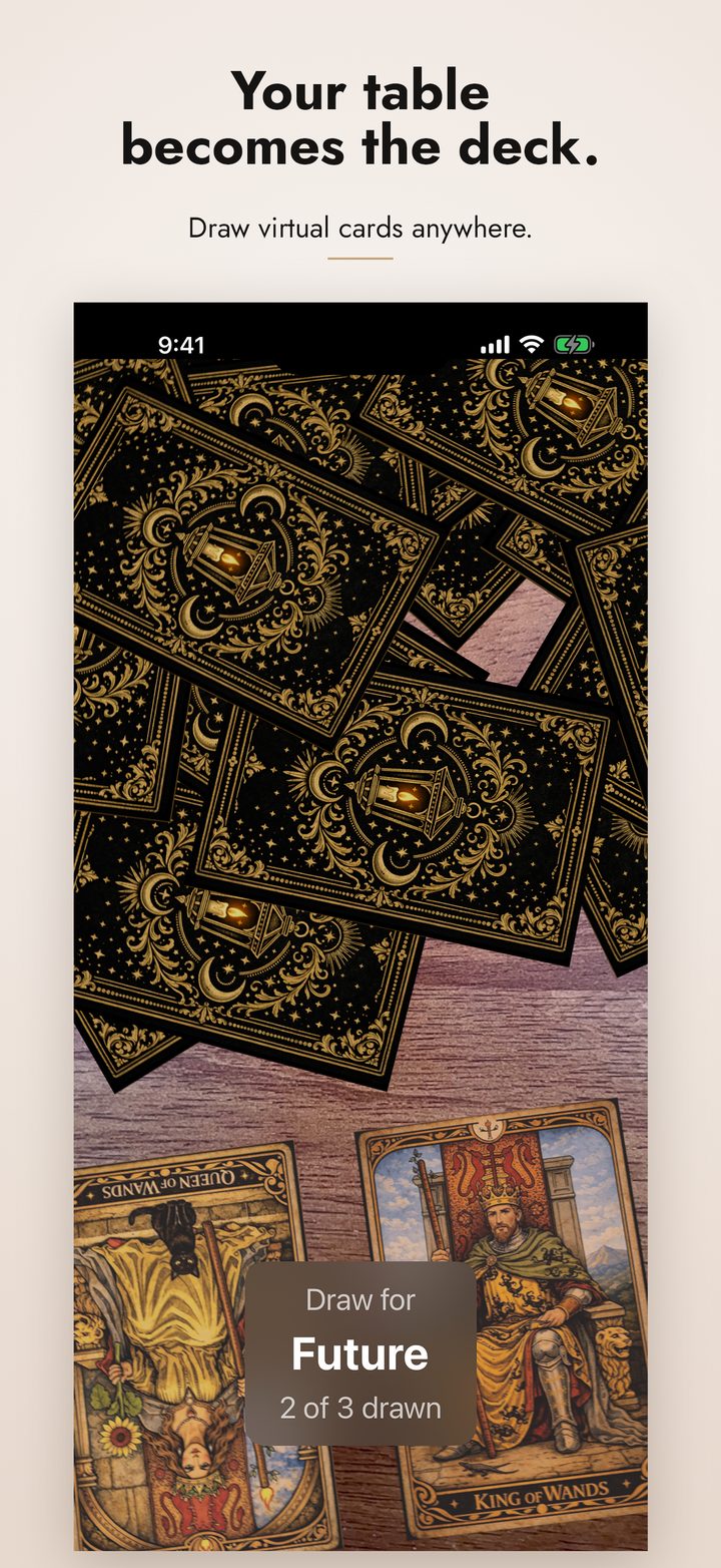 Augmented reality card draw with ornate tarot card backs scattered across a table