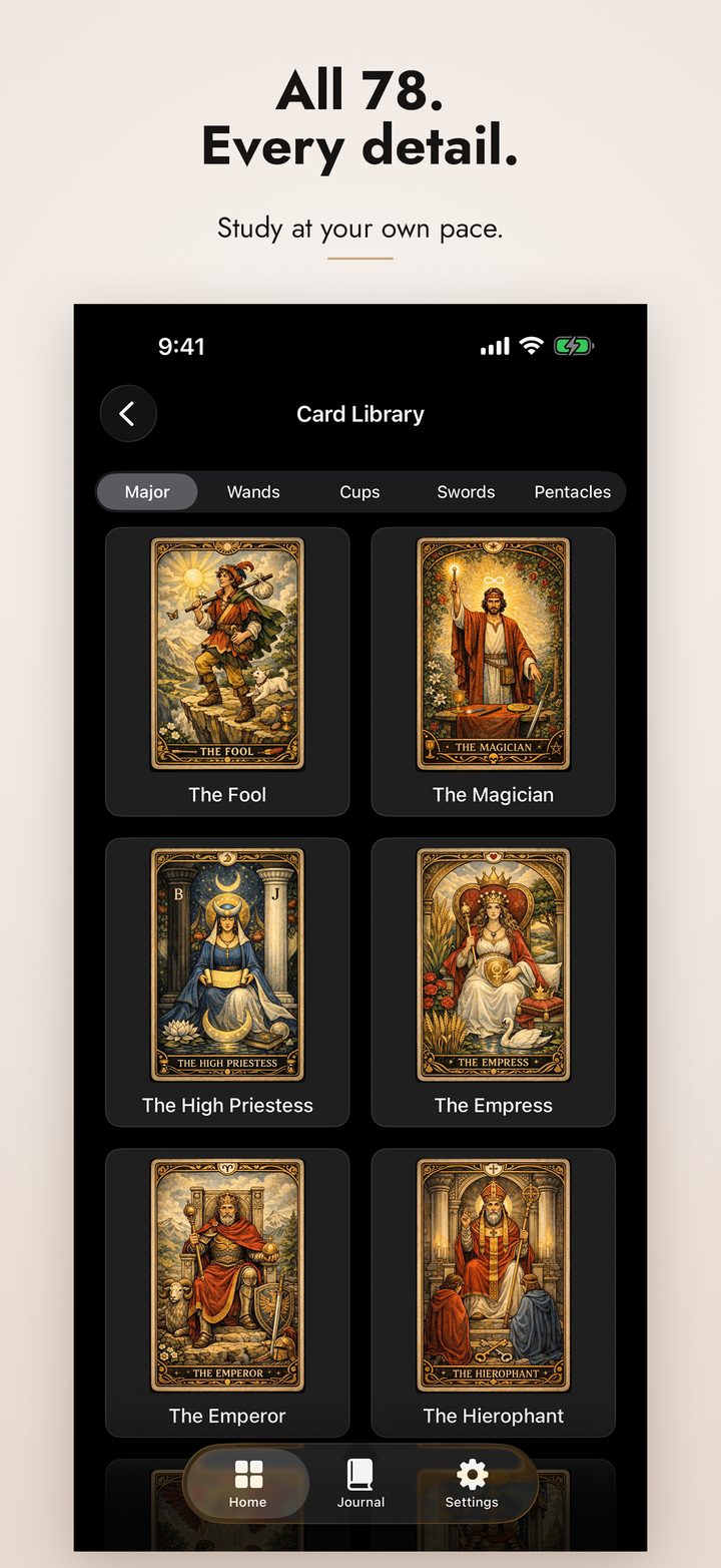 Card library showing all 78 tarot cards across Major and Minor Arcana