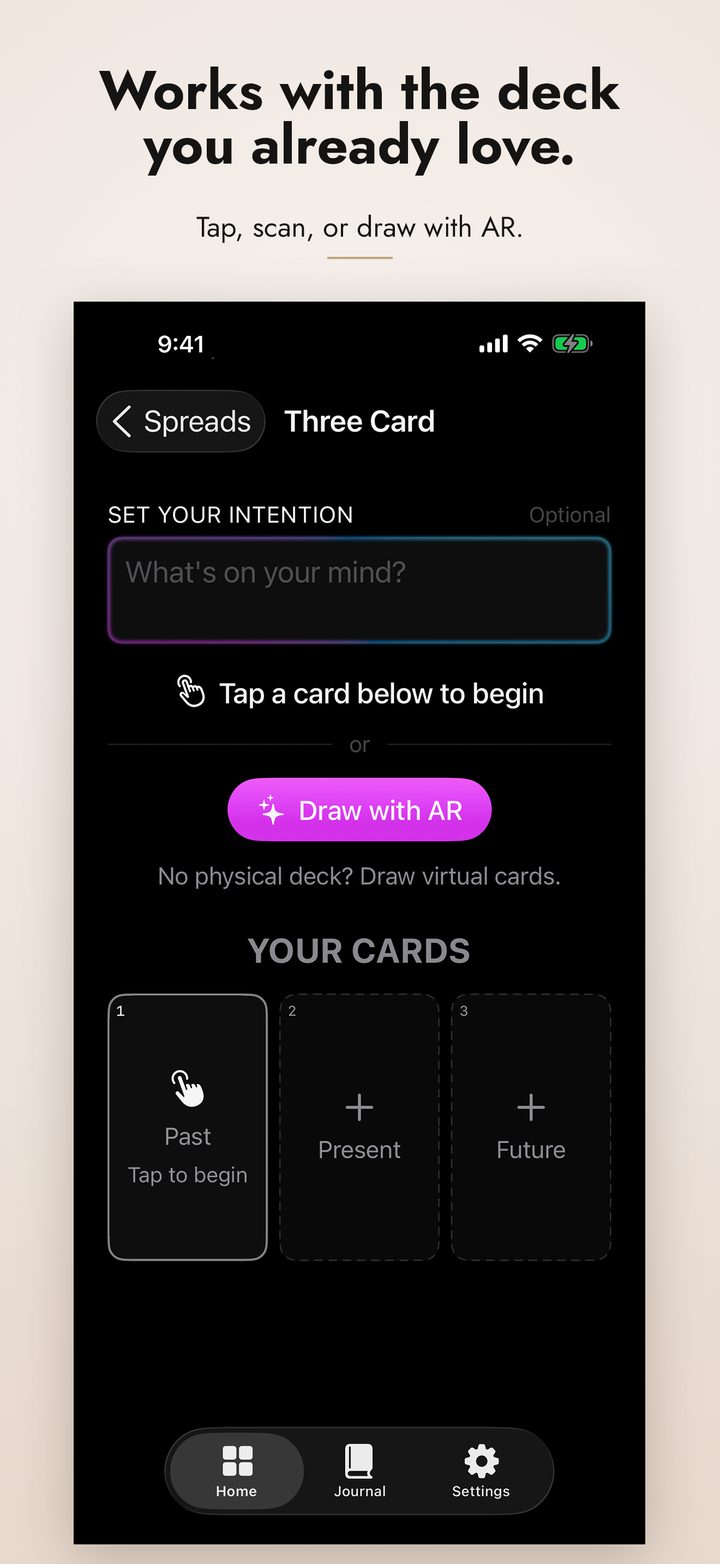 Three card spread page with intention field and Draw with AR button