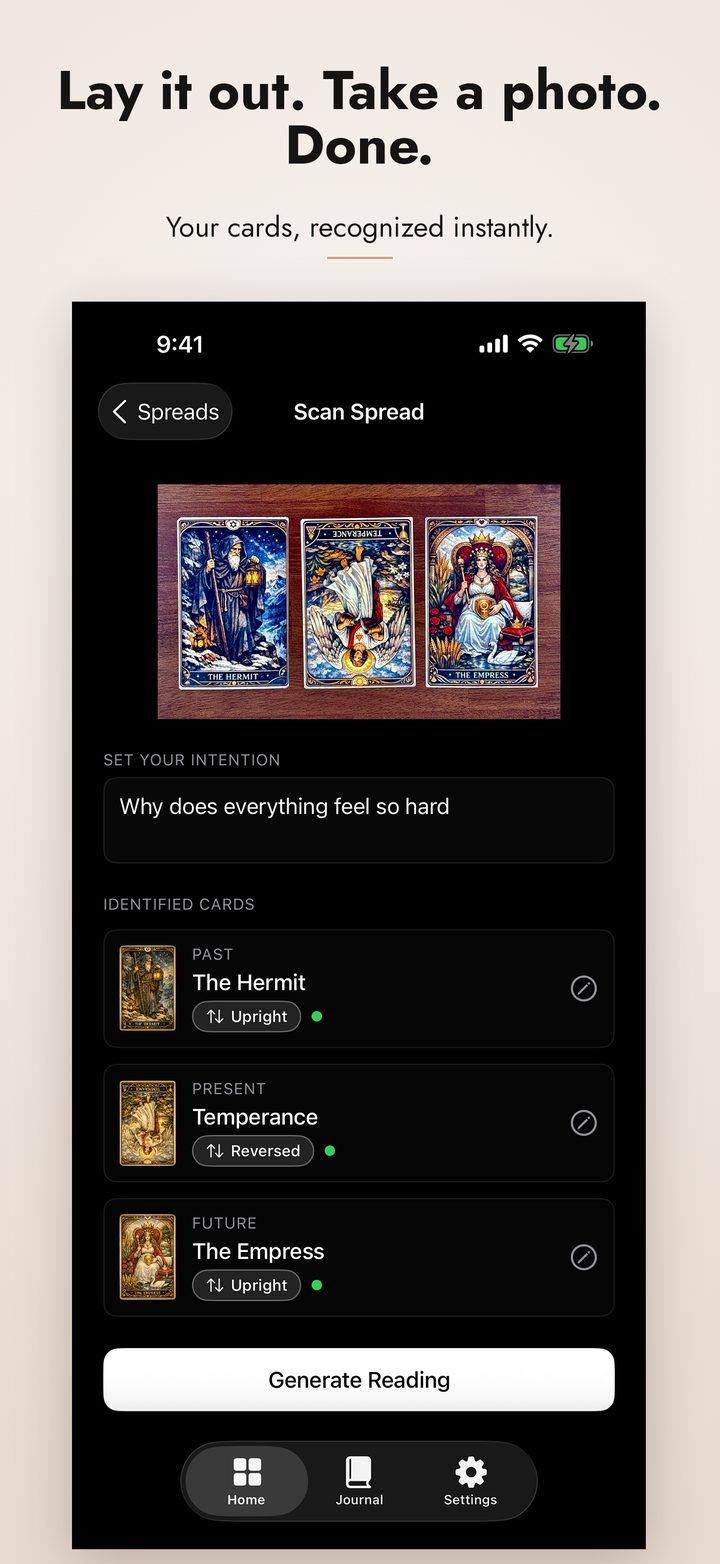 Scan a physical card spread and have it recognized instantly