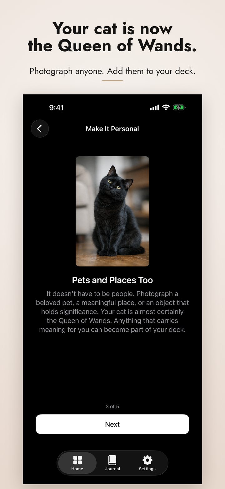 Make It Personal screen with a black cat photo and 'Pets and Places Too' caption