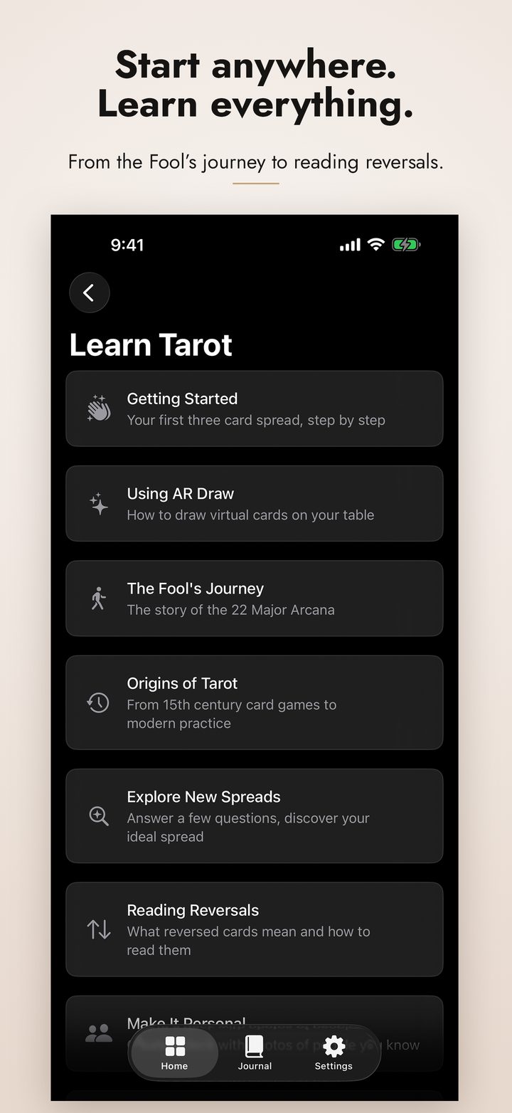 Learn Tarot menu with Getting Started, AR Draw, Fool's Journey, Origins, Reversals